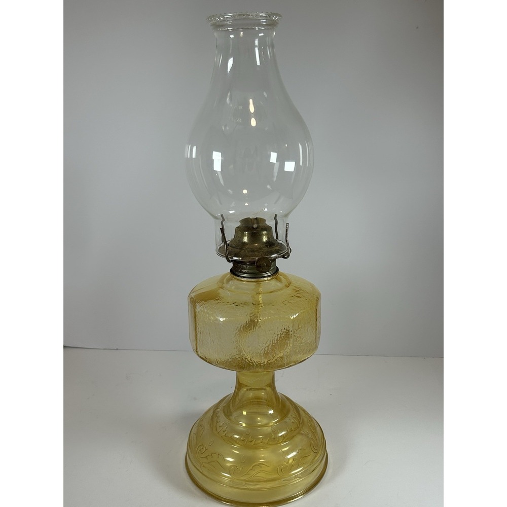 Vintage Large Textured Amber Glass Oil Lamp With Chimney 18"